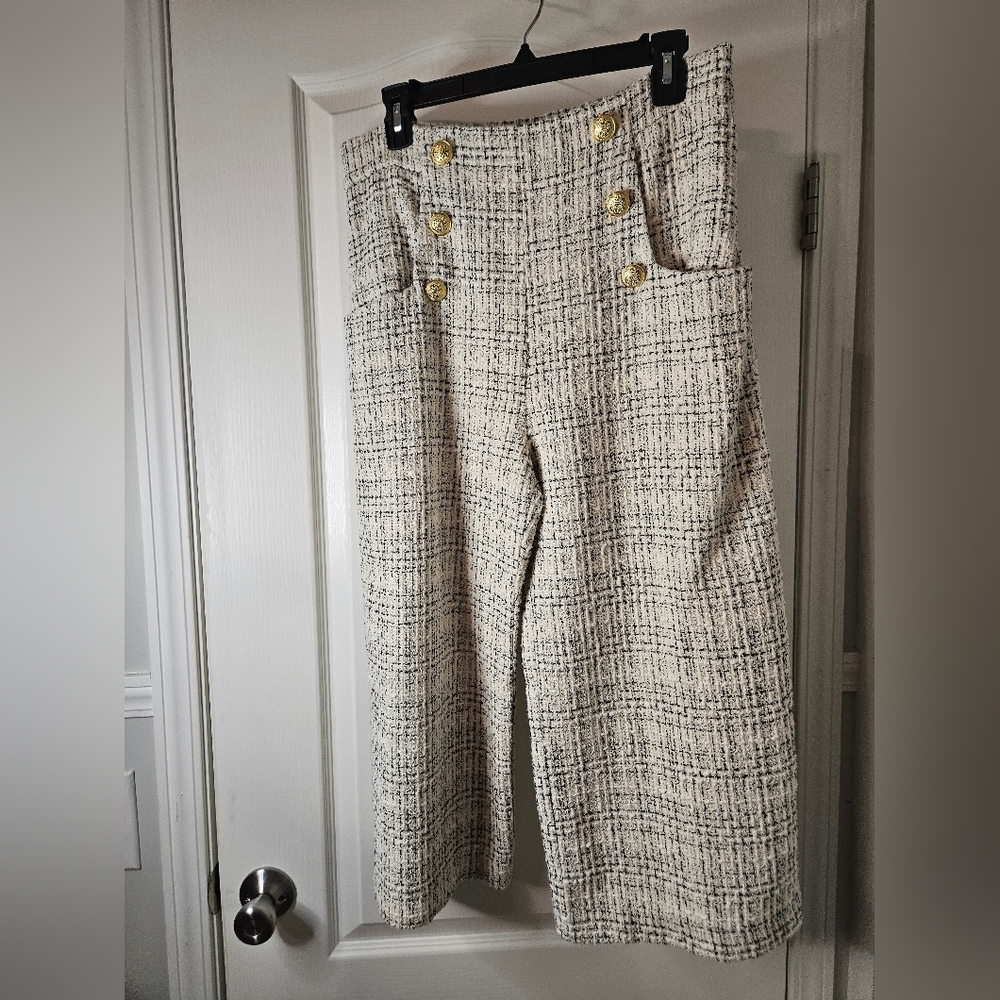 Zara Sam High Rise Plaid Tweed wide leg Culottes Pants - Picture 4 of 8